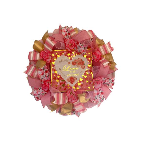 XL Love is All You Need Valentines Day Heart and Roses Wreath Door Hanger - Picture 1 of 9